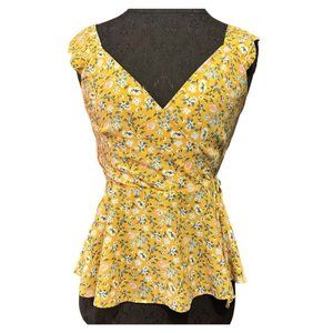 Monteau Bouse Women’s Small Yellow Faux Wrap Top Scalloped Sleeve Floral Cottage